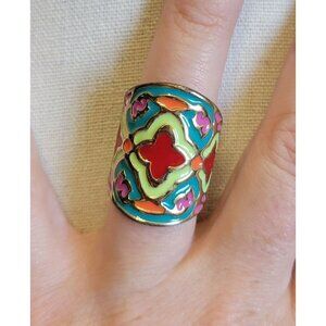 Silver Tone Colorful Enamel Geometric Woman's Size 5.5 Costume Ring R1
